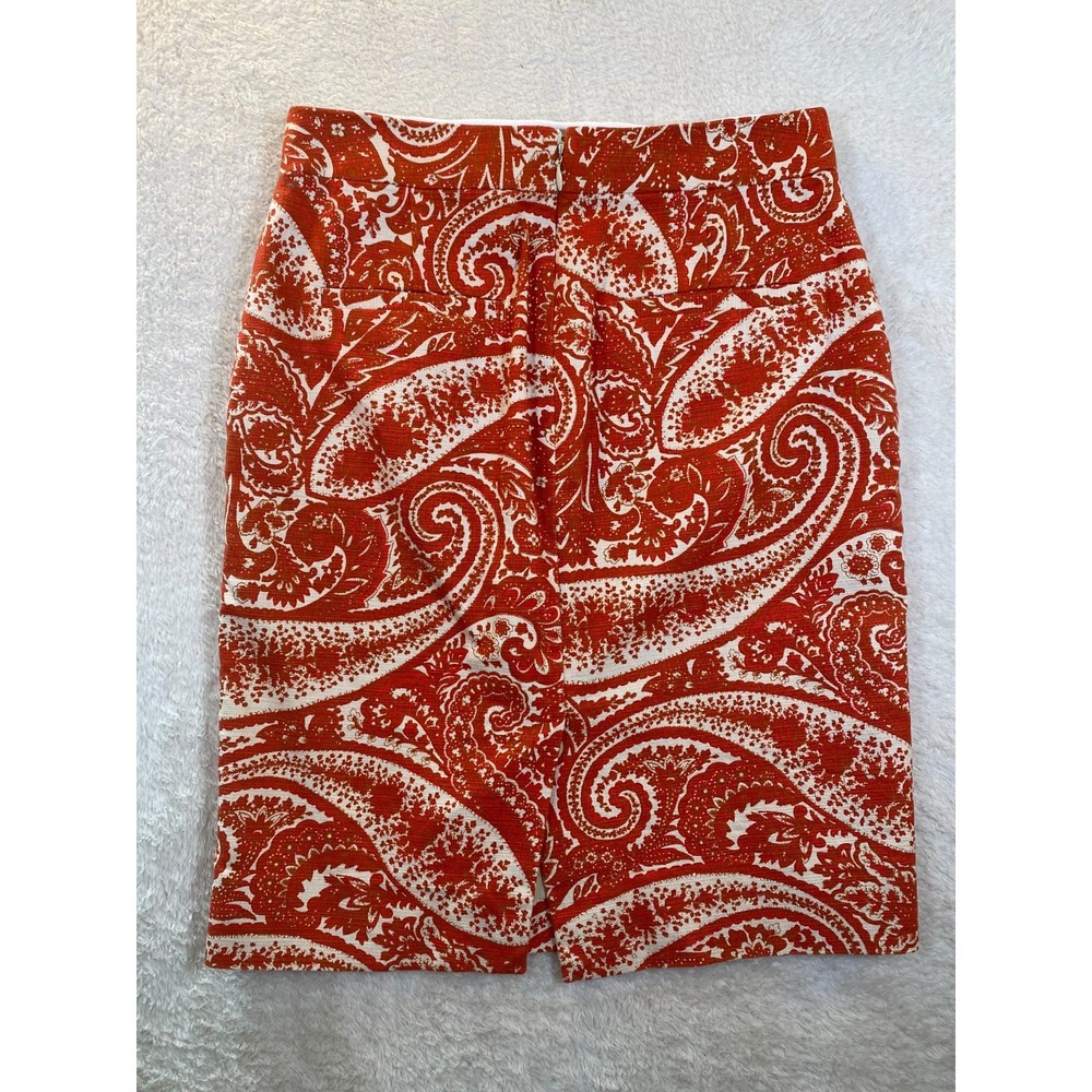 J.Crew The Pencil Skirt Red Orange Paisley Print Size 0 Cotton Spandex Blend - Picture 5 of 9